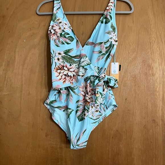 Kona Sol Wrap-Front High Coverage One Piece Swimsuit Tropical Print Small NWT - Picture 3 of 8